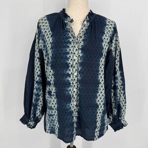 Madison Mathews Tie Dye Button Front Top Medium Navy Blue Boho Coastal Cotton
